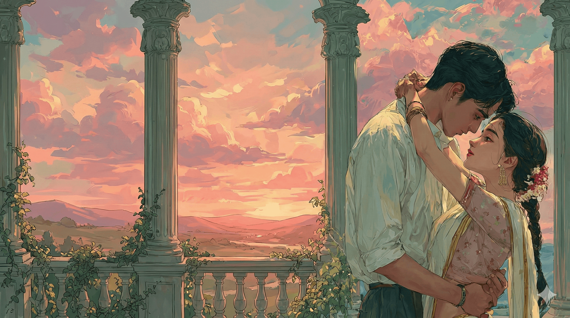 Romantic Indian couple with sunset and classical pillars